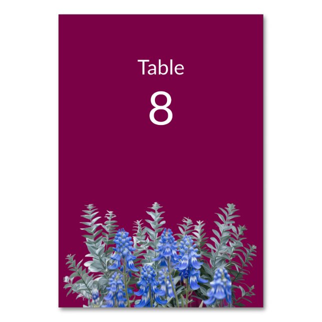 Burgundy Winter Wedding with Bluebonnet Table Number (Front)