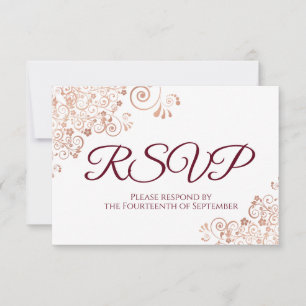 Burgundy with Elegant Rose Gold Lace Wedding RSVP Card