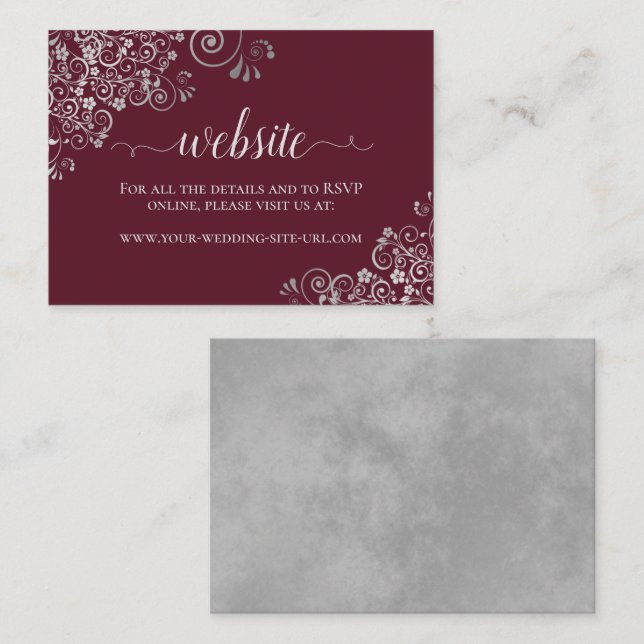 Burgundy with Elegant Silver Lace Wedding Website Enclosure Card (Front/Back)