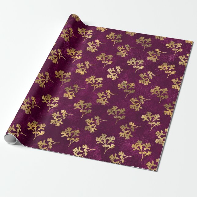 BURGUNDY WITH GOLD PARSLEY LEAVES WRAPPING PAPER (Unrolled)
