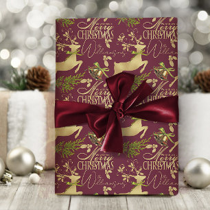 Burgundy With Gold Reindeer & Name Merry Christmas Wrapping Paper