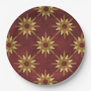 Burgundy with Gold Stars Pattern Paper Plate