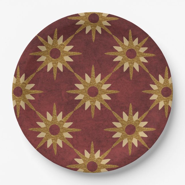 Burgundy with Gold Stars Pattern Paper Plate (Front)