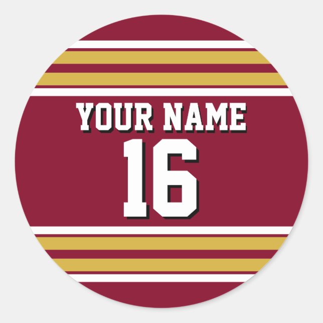 Burgundy with Gold White Stripes Team Jersey Classic Round Sticker (Front)