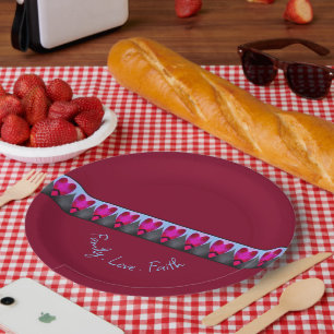 Burgundy With Pink Heart Pattern Paper Plate