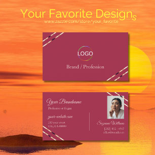 Burgundy with Rose Gold Lines Logo and Photo Business Card