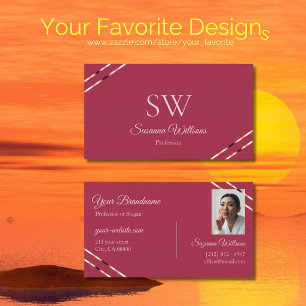 Burgundy with Rose Gold Lines Monogram and Photo Business Card