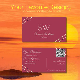 Burgundy with Rose Gold Lines Monogram QR Code Business Card