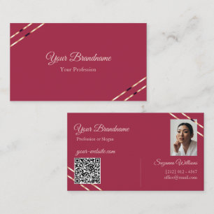 Burgundy with Rose Gold Lines Photo and QR Code Business Card