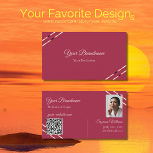Burgundy with Rose Gold Lines Photo and QR Code Business Card