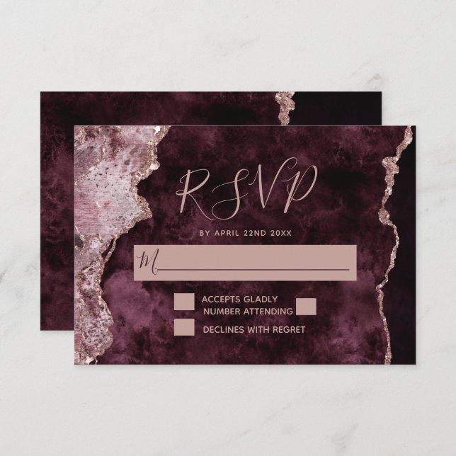 Burgundy with Rose Gold Marbled Agate Wedding RSVP Card (Front/Back)