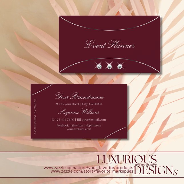 Burgundy with Silver Decor and Diamonds Luxurious Business Card (Creator Uploaded)