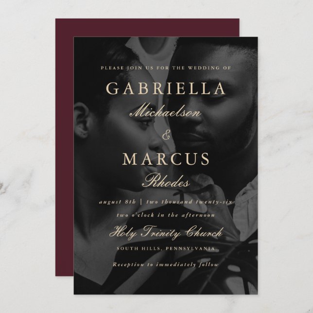 Burgundy with Typography Overlay Photo Wedding Invitation (Front/Back)
