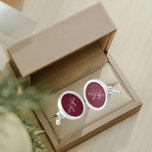 Burgundy with White Stylised Monogram Cufflinks<br><div class="desc">A pair of sterling silver plated, round cufflinks for the fashionable man to match his outfit that feature a trendy, burgundy colour along with his name printed in white, upper case letters and superimposed with white, stylised initials. Personalise your cufflinks by editing and replacing name and initials as desired. A...</div>