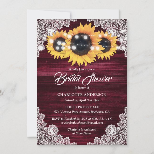 Burgundy Wood and Lace Sunflower Bridal Shower Invitation (Front)