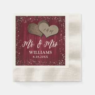 Burgundy Wood Burlap Hearts Mr. & Mrs. Wedding Napkin