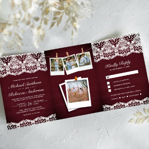Burgundy Wood Country Lace Photo Collage Wedding Tri-Fold Invitation
