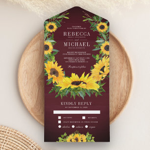 Burgundy Wood Country Sunflowers Garland Wedding All In One Invitation
