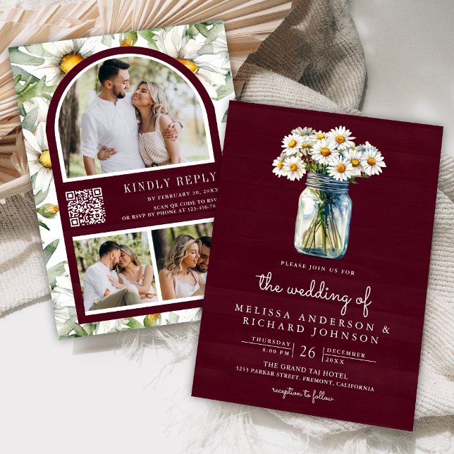 Burgundy Wood Daisies Mason Jar QR Code Wedding Invitation (Creator Uploaded)