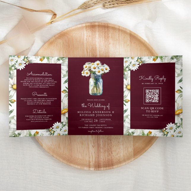 Burgundy Wood Daisies Mason Jar QR Code Wedding Tri-Fold Invitation (Creator Uploaded)