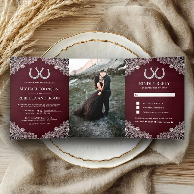 Burgundy Wood Horseshoes Lace Wedding Photo Tri-Fold Invitation (Creator Uploaded)