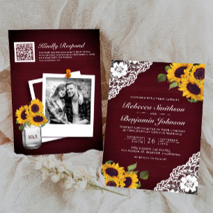 Burgundy Wood Lace Sunflower Photo QR Code Wedding Invitation