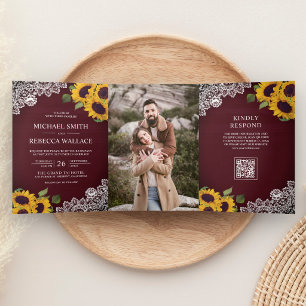 Burgundy Wood Lace Sunflower Photo QR Code Wedding Tri-Fold Invitation