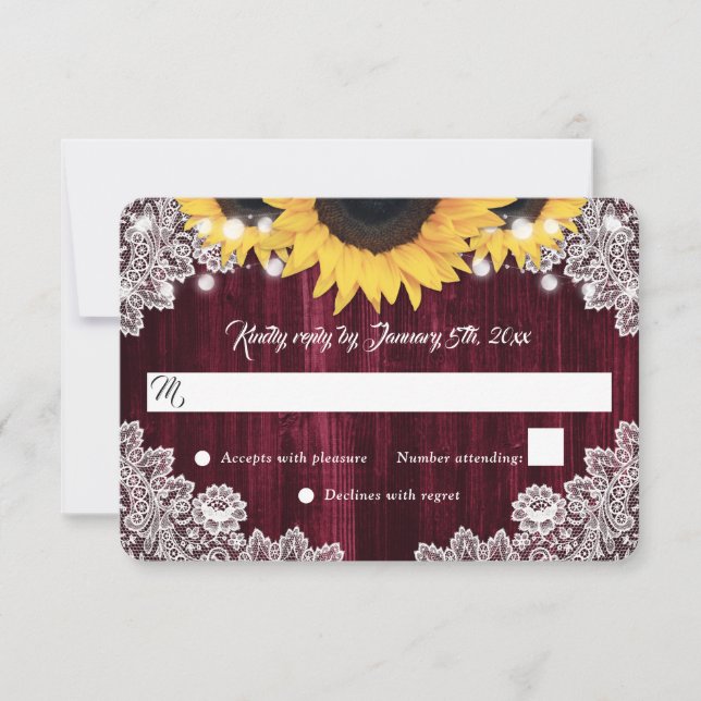 Burgundy Wood Lace Sunflower Wedding RSVP Cards (Front)