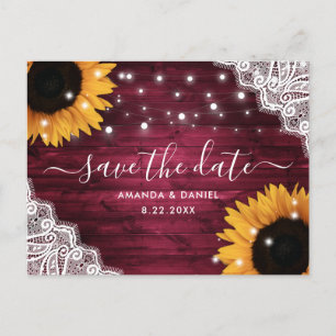 Burgundy Wood Lace Sunflower Wedding Save The Date Announcement Postcard