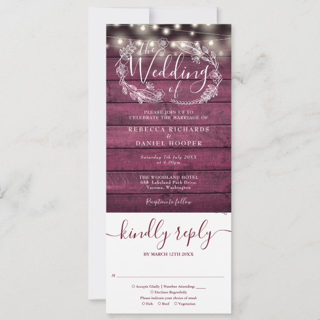 Burgundy Wood String Lights All In One Wedding Invitation (Front)