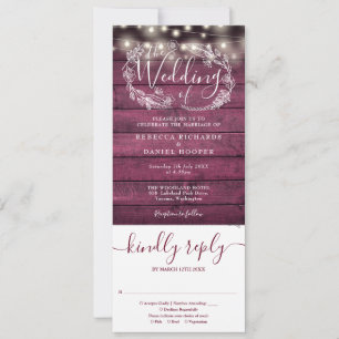 Burgundy Wood String Lights All In One Wedding Invitation