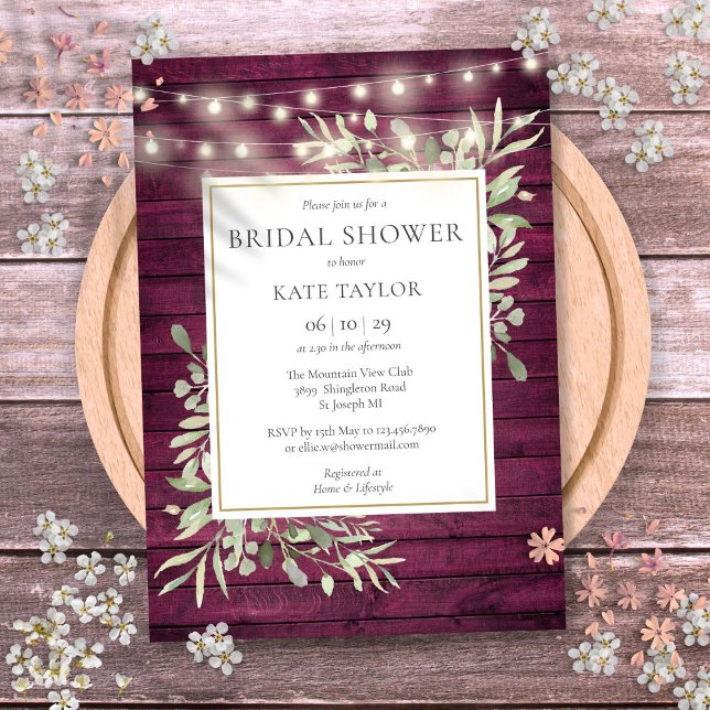 Burgundy Wood String Lights Greenery Bridal Shower Invitation (Burgundy Wood String Lights Greenery Bridal Shower Invitation)