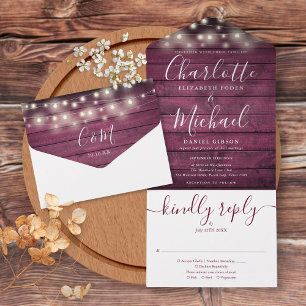 Burgundy Wood String Lights Monogram Wedding All In One Invitation