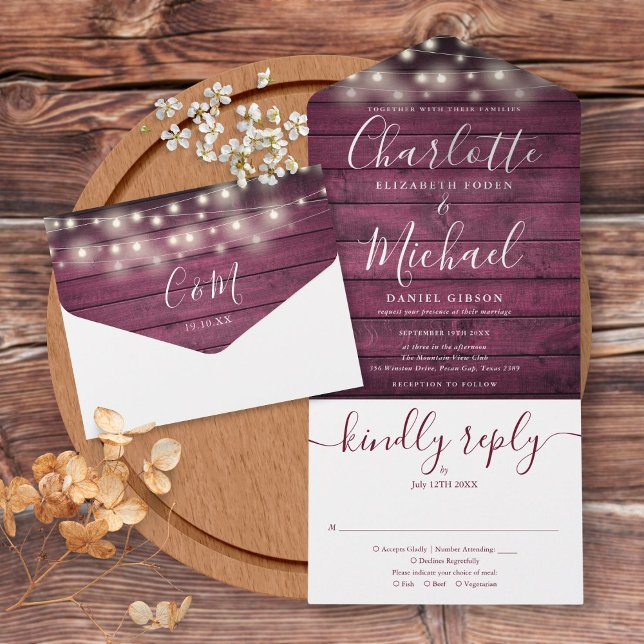 Burgundy Wood String Lights Monogram Wedding All In One Invitation (Creator Uploaded)