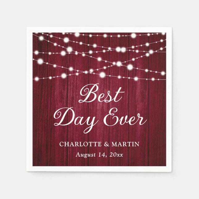 Burgundy Wood String Lights Rustic Wedding Napkin (Front)