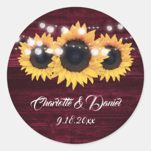 Burgundy Wood String Lights Sunflower Wedding Classic Round Sticker