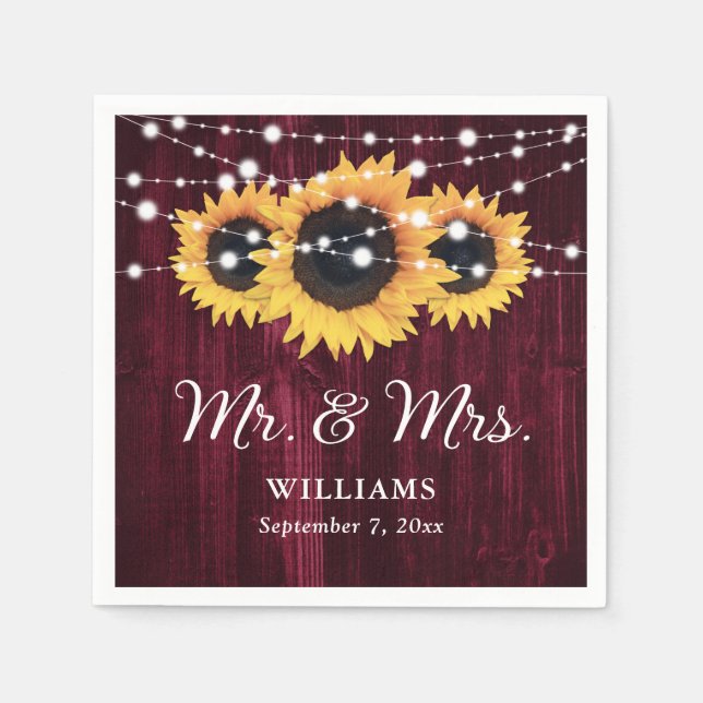 Burgundy Wood String Lights Sunflower Wedding Napkin (Front)