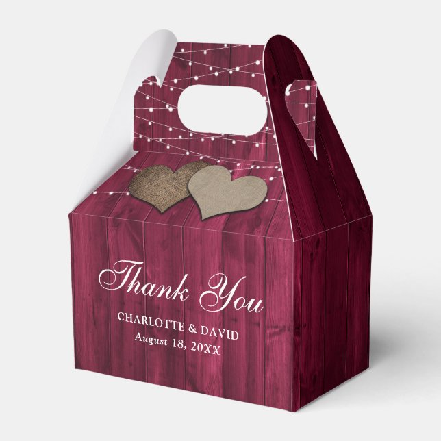 Burgundy Wood String Lights Wedding Thank You Favour Box (Front Side)