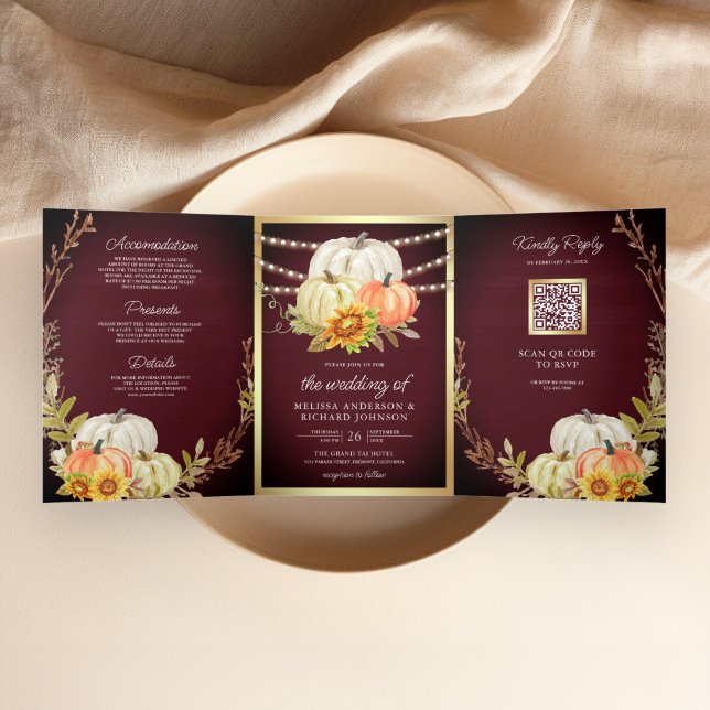 Burgundy Wood Sunflower Pumpkin QR Code Wedding Tri-Fold Invitation (Creator Uploaded)