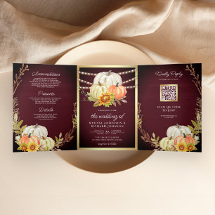 Burgundy Wood Sunflower Pumpkin QR Code Wedding Tri-Fold Invitation