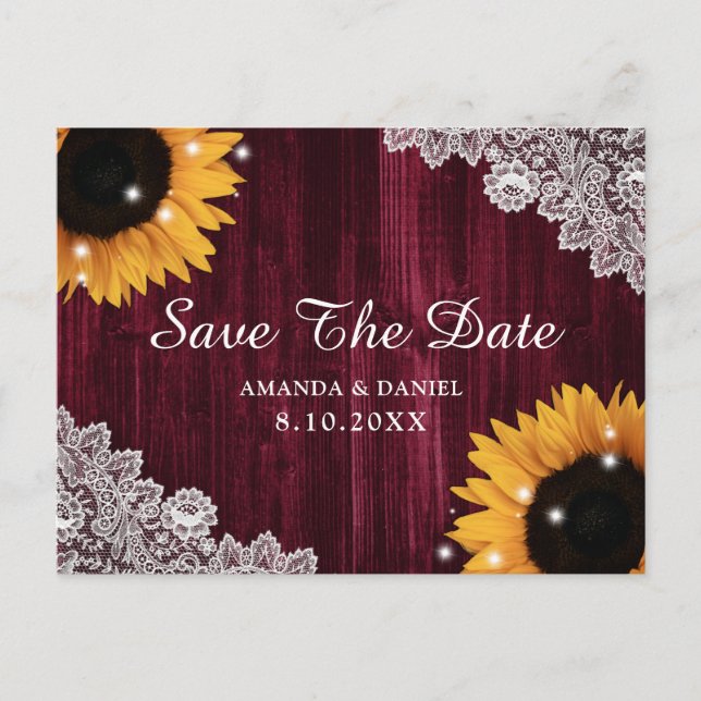 Burgundy Wood Sunflower Wedding Save The Date Postcard (Front)
