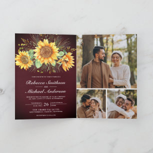 Burgundy Wood Sunflowers Photo QR Code Wedding Invitation