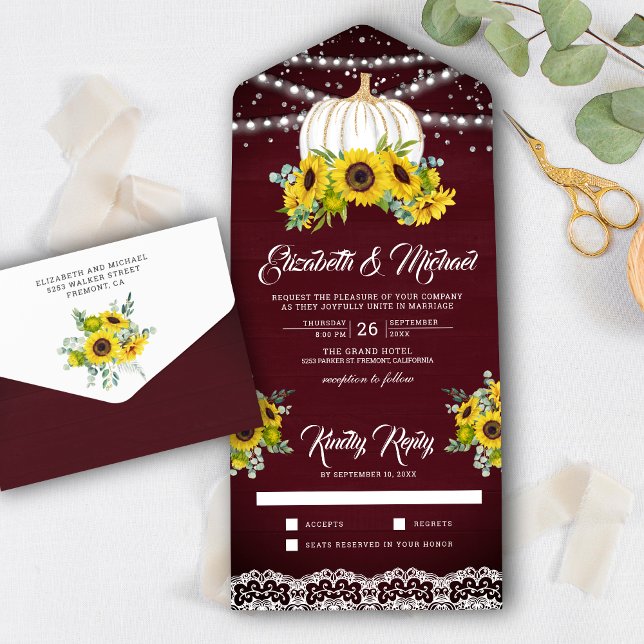 Burgundy Wood Sunflowers White Pumpkin Wedding All In One Invitation (Creator Uploaded)