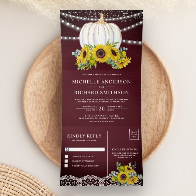 Burgundy Wood Sunflowers White Pumpkin Wedding Tri-Fold Invitation (Creator Uploaded)