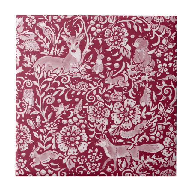 Burgundy Woodland Animal Forest Deer Rabbit Fox Ceramic Tile (Front)