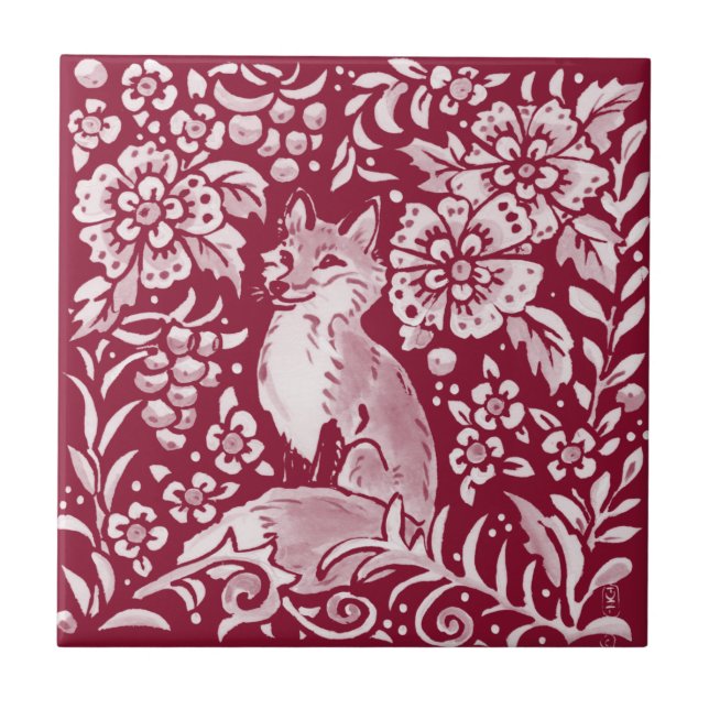 Burgundy Woodland Fox Forest Animal Floral Ceramic Tile (Front)
