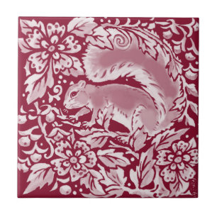 Burgundy Woodland Squirrel Forest Animal Floral Ceramic Tile
