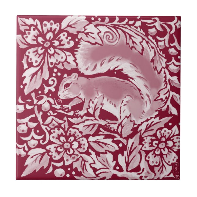 Burgundy Woodland Squirrel Forest Animal Floral   Ceramic Tile (Front)