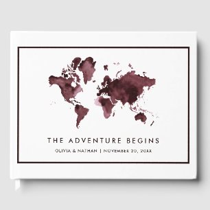 Burgundy World Map   Elegant Travel Theme Guest Book