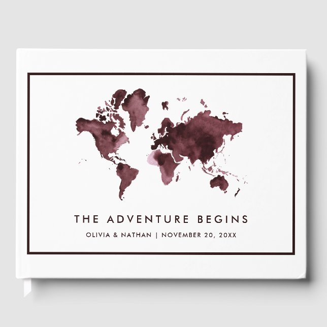 Burgundy World Map | Elegant Travel Theme Guest Book (Front)